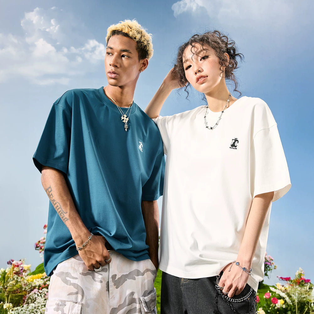Nuthink American retro simple apple embroidery T-shirt men's short sleeved loose fit men and women 2026 summer new item