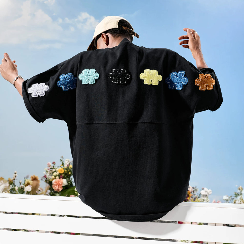 Nuthink American Trendy Brand Dopamine Color Puzzle Embroidered Short Sleeve T-shirt for Men and Women, Half Sleeve, 2026 Summer New Edition