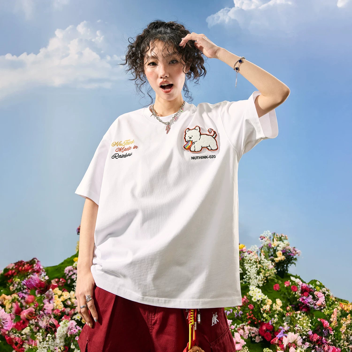 Nuthink American Trendy Dog T-shirt Embroidered Men's Short Sleeve Loose Couple Women 2026 Summer New Style