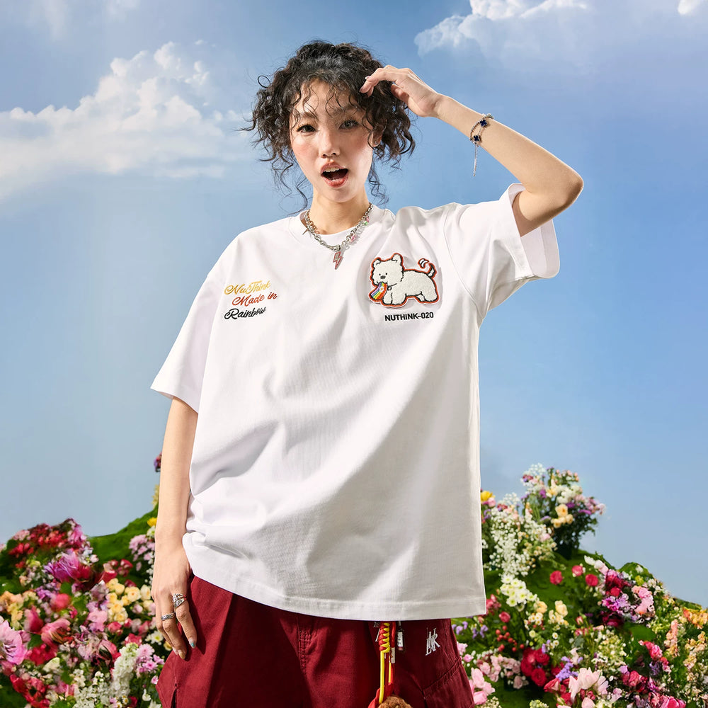 Nuthink American Trendy Dog T-shirt Embroidered Men's Short Sleeve Loose Couple Women 2026 Summer New Style