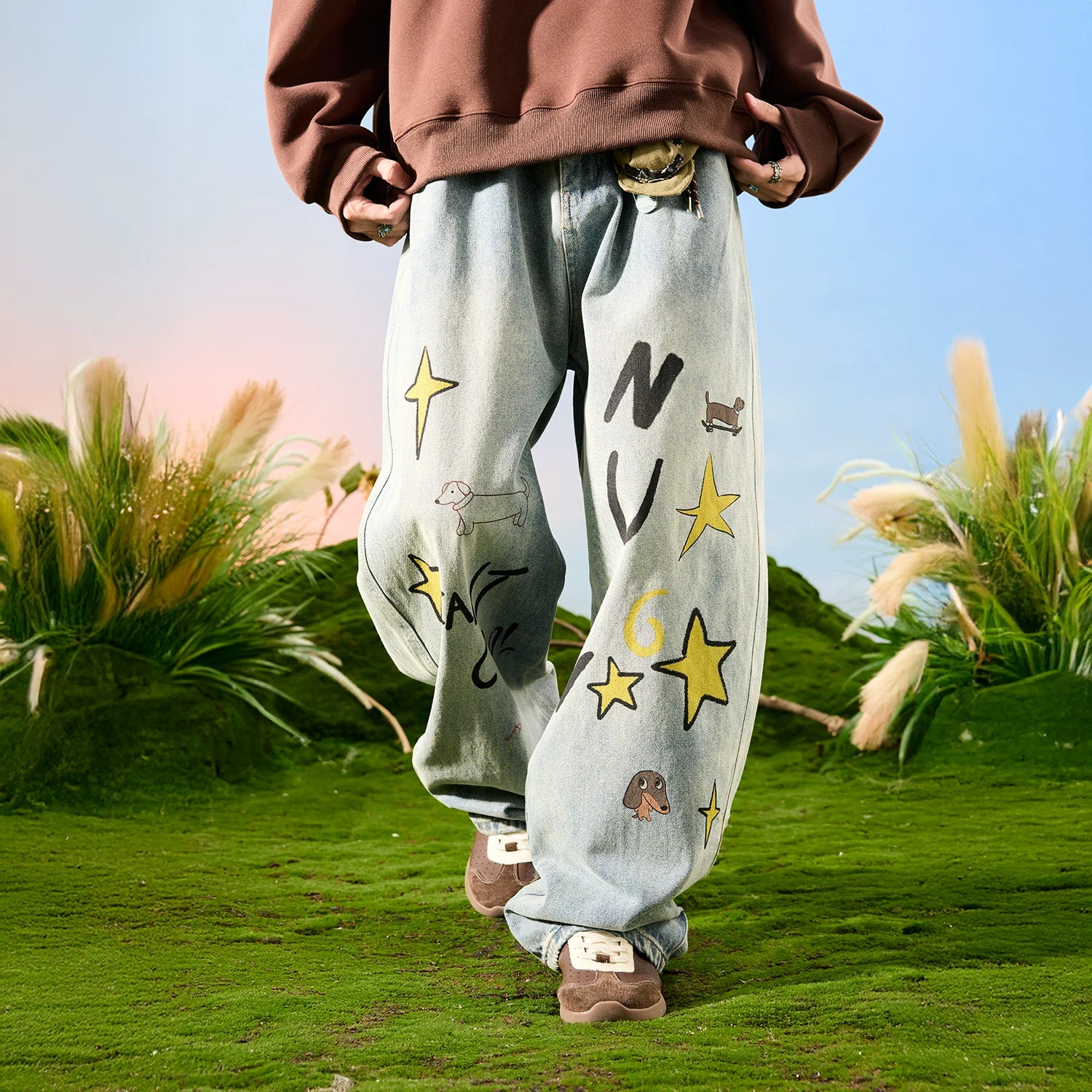 Nuthink American retro washed distressed puppy wide leg jeans with drape and plush pants for men in spring 2026