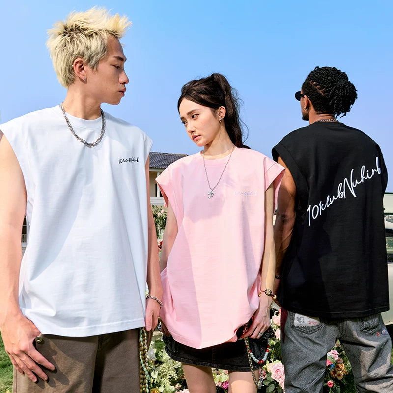 Nuthink American retro letter embroidered vest trendy hip-hop loose sleeveless T-shirt for men and women new summer 2026