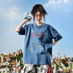 Nuthink American Retro Trendy Brand Washed Old Dog Letter Graffiti Short sleeved T-shirt for Men and Women 2026 New Summer