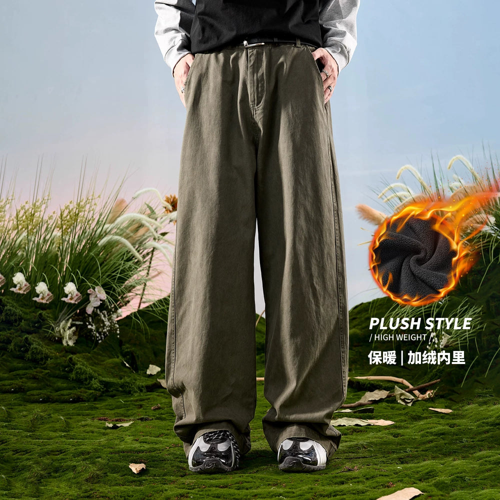 Nuthink American retro workwear logging pants loose and plush thick casual pants men's winter new 2026