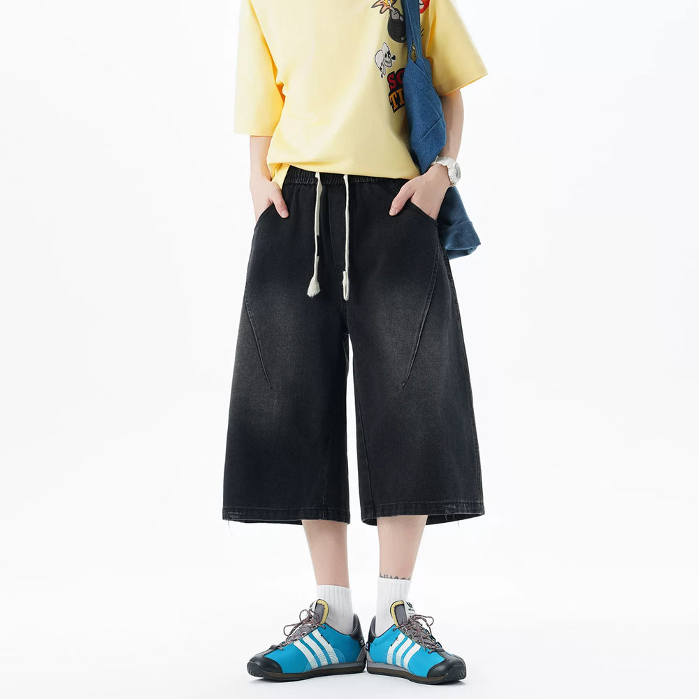 Nuthink American retro straight leg denim shorts, cropped pants, trendy brand casual elastic men and women, 2026 summer new item