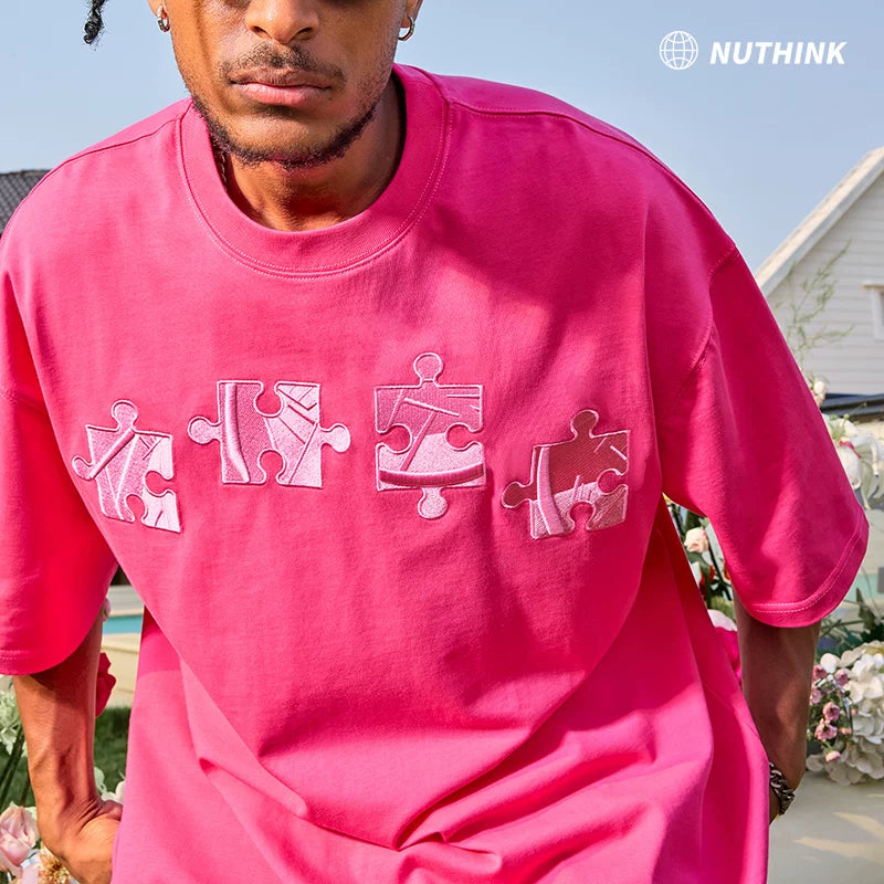 Nuthink dopamine puzzle embroidered short sleeved hip-hop rose red T-shirt heavyweight half sleeve men's and women's new 2026 spring