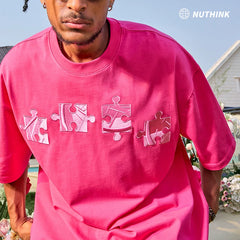 Nuthink dopamine puzzle embroidered short sleeved hip-hop rose red T-shirt heavyweight half sleeve men's and women's new 2026 spring