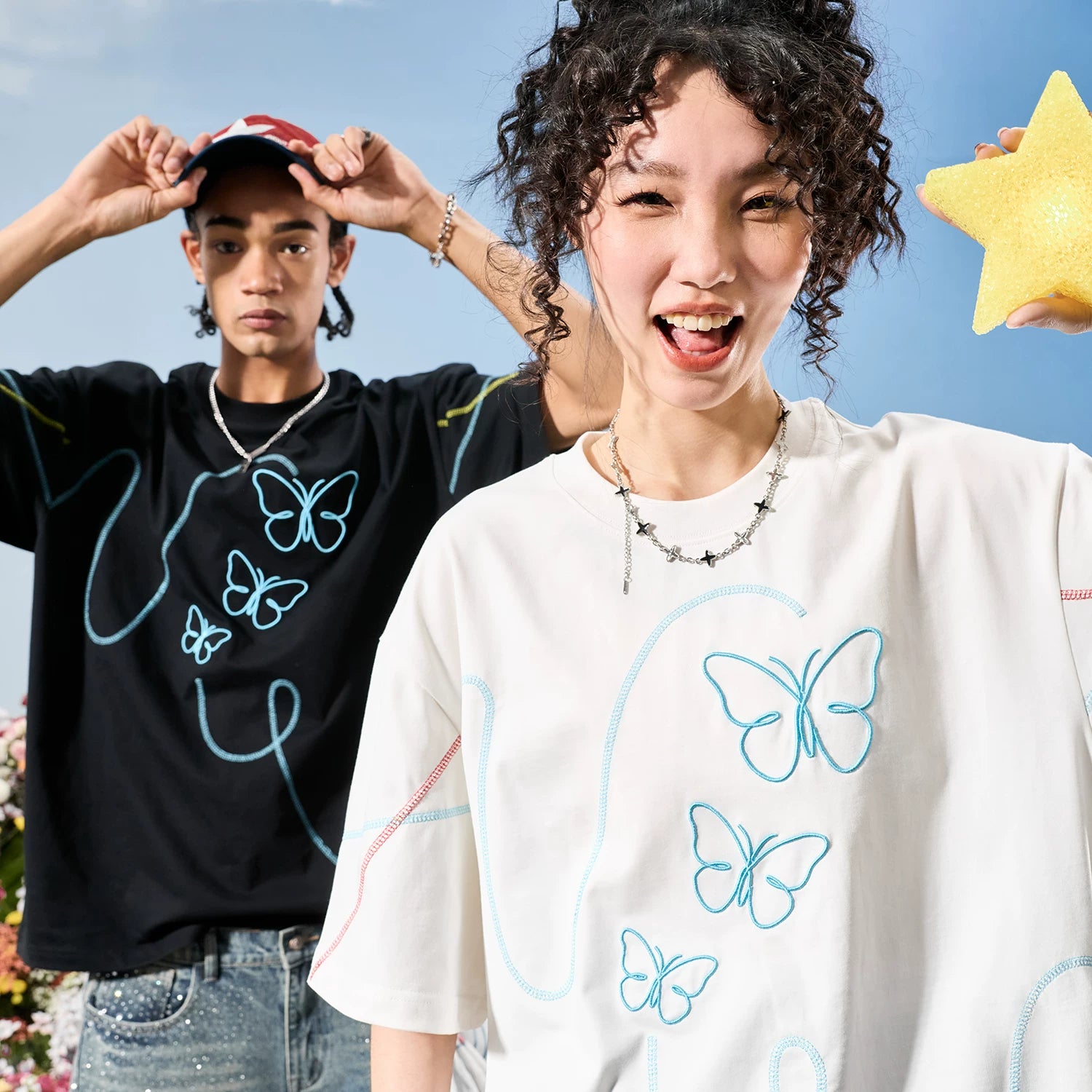 Nuthink American retro trendy brand embroidered butterfly Hasselblad thread cool short sleeved men's T-shirt women 2026 new summer