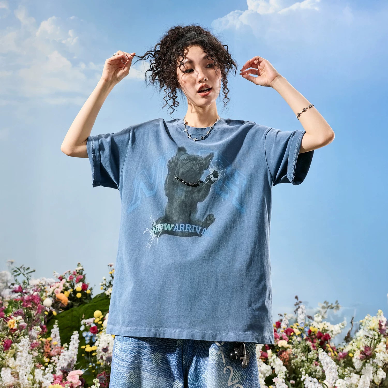 Nuthink American retro trendy brand washed and worn puppy short sleeved men's pearl T-shirt women's 2026 summer new item