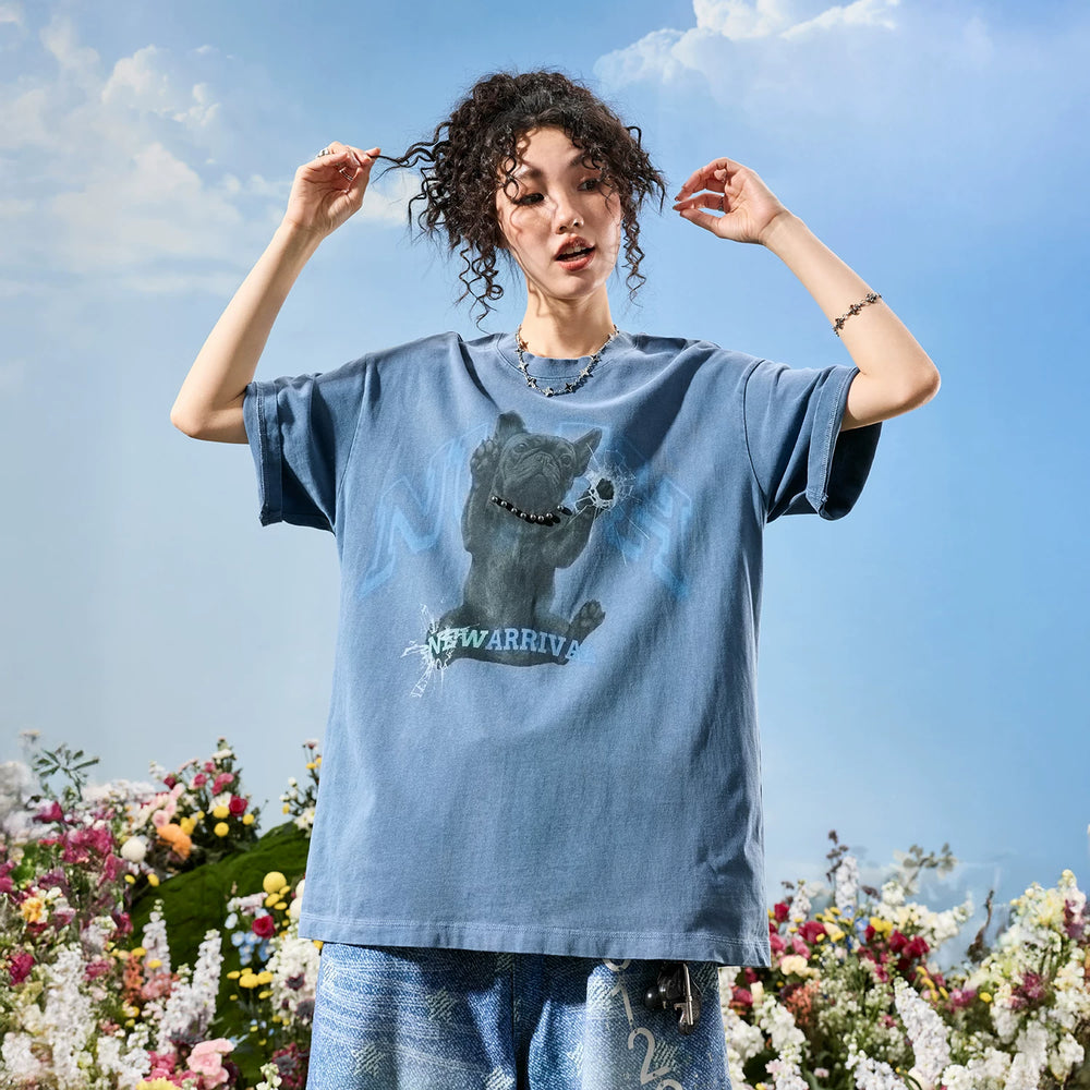 Nuthink American retro trendy brand washed and worn puppy short sleeved men's pearl T-shirt women's 2026 summer new item