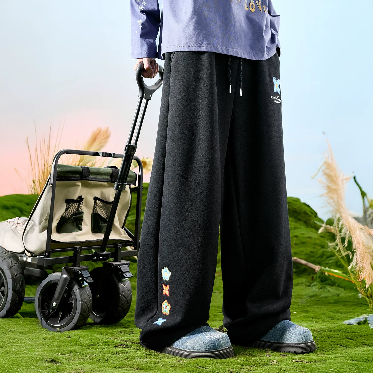 Nuthink American Embroidered Pants with Wide Legs and Velvet, Street Loose Men's Style, Spring 2026