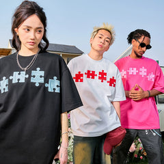 Nuthink dopamine puzzle embroidered short sleeved hip-hop rose red T-shirt heavyweight half sleeve men's and women's new 2026 spring