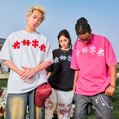 Nuthink dopamine puzzle embroidered short sleeved hip-hop rose red T-shirt heavyweight half sleeve men's and women's new 2026 spring