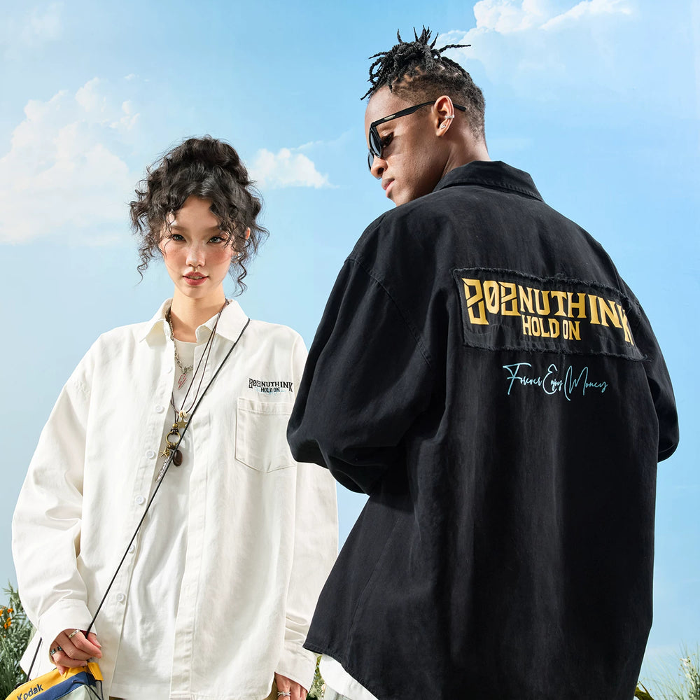 Nuthink American Trendy Brand Embroidered Long Sleeve Shirt with Embroidered Edge, Retro Loose, Men's and Women's Spring 2026 New Collection