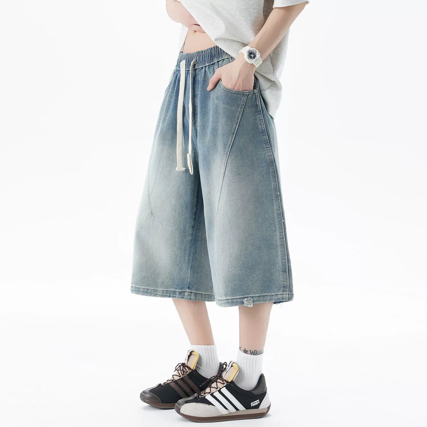Nuthink American retro straight leg denim shorts, cropped pants, trendy brand casual elastic men and women, 2026 summer new item