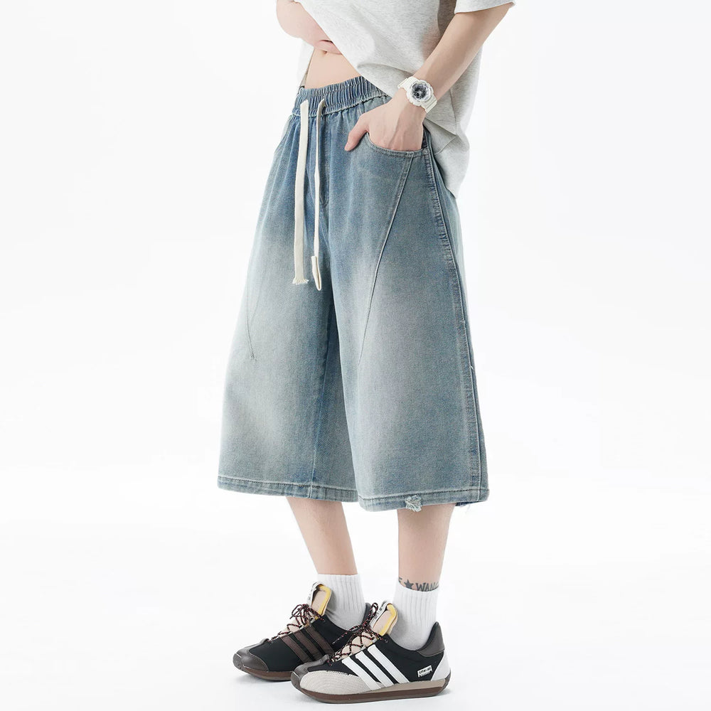 Nuthink American retro straight leg denim shorts, cropped pants, trendy brand casual elastic men and women, 2026 summer new item