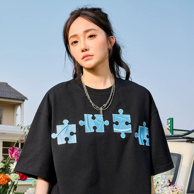 Nuthink dopamine puzzle embroidered short sleeved hip-hop rose red T-shirt heavyweight half sleeve men's and women's new 2026 spring