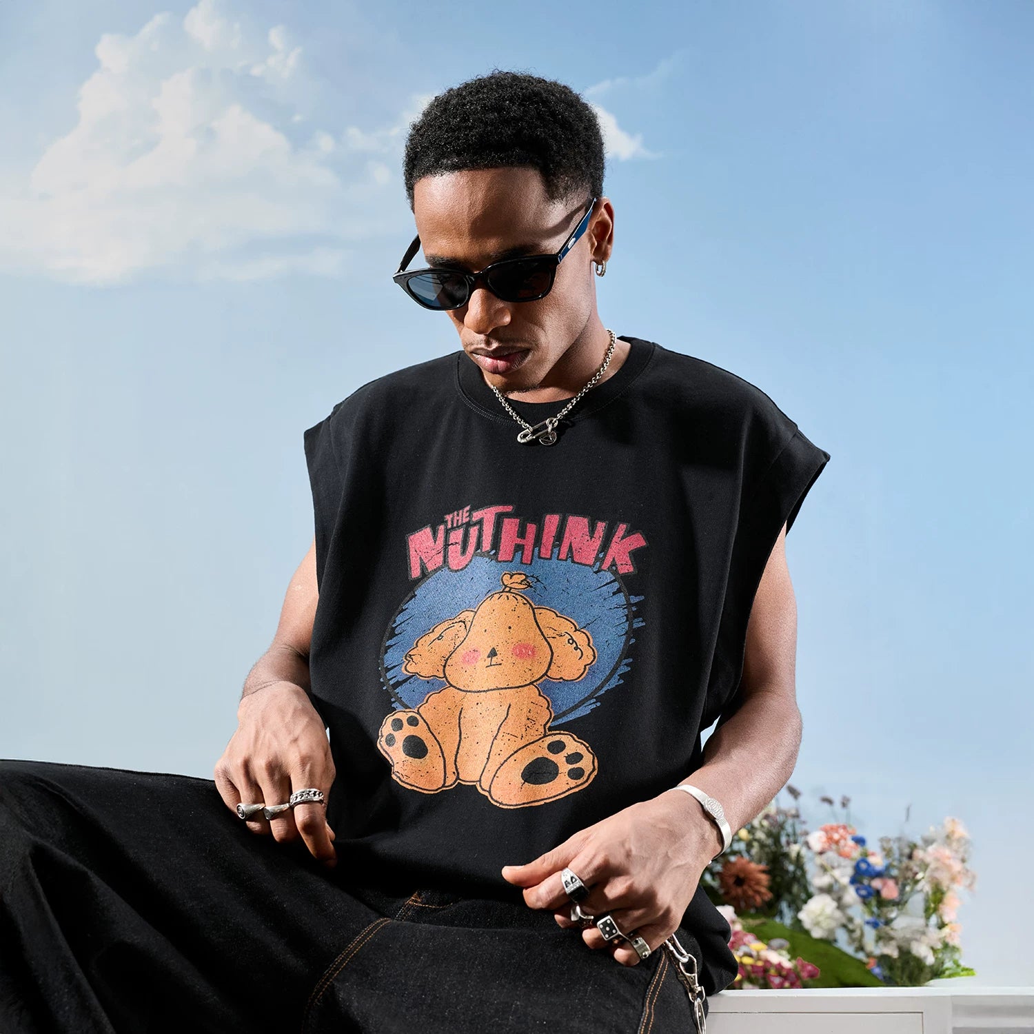 Nuthink American retro hand-painted cartoon letter shoulder sleeveless vest loose men and women 2026 new summer