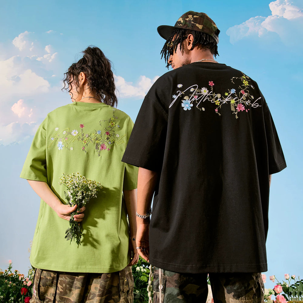 Nuthink American retro floral letter embroidery short sleeved trendy brand hip-hop T-shirt for couples new summer 2026