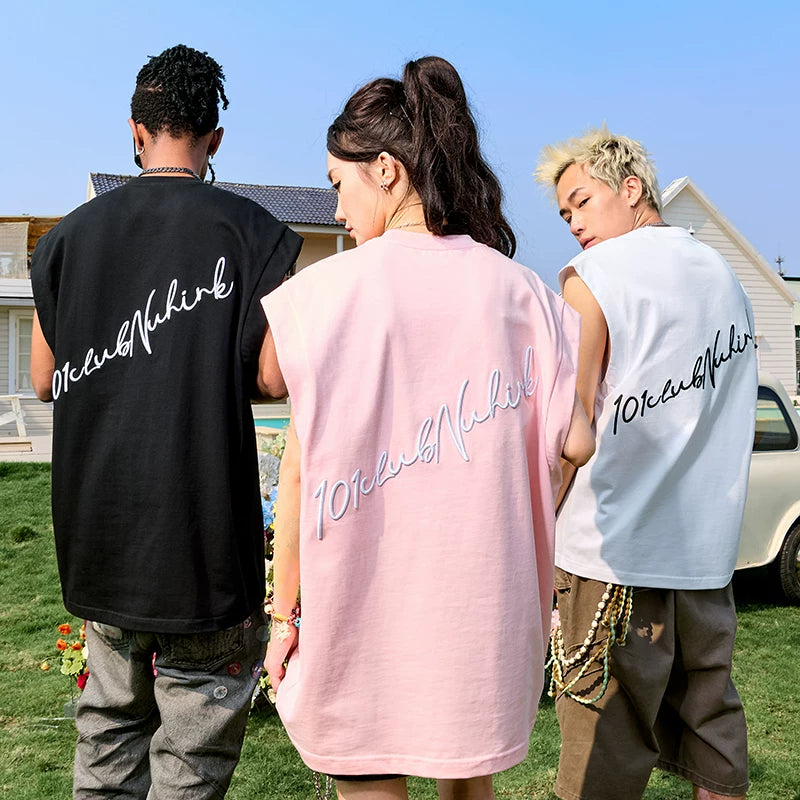 Nuthink American retro letter embroidered vest trendy hip-hop loose sleeveless T-shirt for men and women new summer 2026