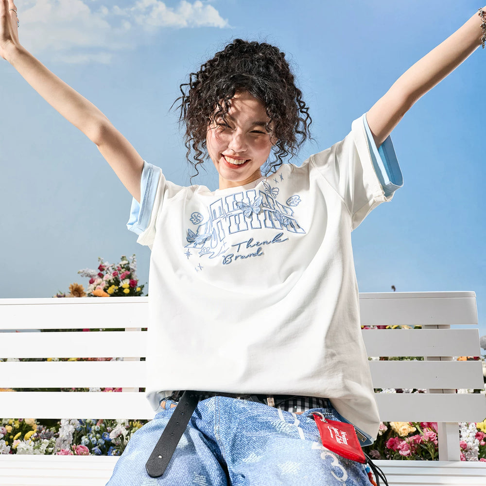 Nuthink American Trendy Brand Heavy Industry Embroidered Butterfly Letter Short sleeved T-shirt for Men and Women Couples Ins2026 New Summer Edition