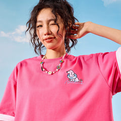 Nuthink Heavy Dog Sausage Dog Embroidery Short Sleeve T-shirt Rose Red Male and Female Couple 2026 Summer New Collection