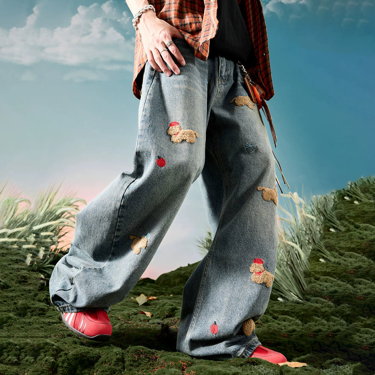 Nuthink American Embroidered Dog Jeans Washed Retro Plush Pants Men's Pants Spring 2026