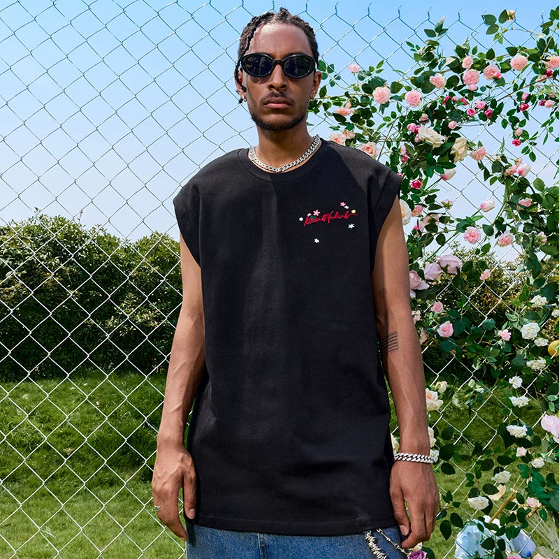 Nuthink Trendy Brand Heavy Flower Letter Embroidered Tank Top American Retro Sleeveless Men and Women's 2026 Summer New Product