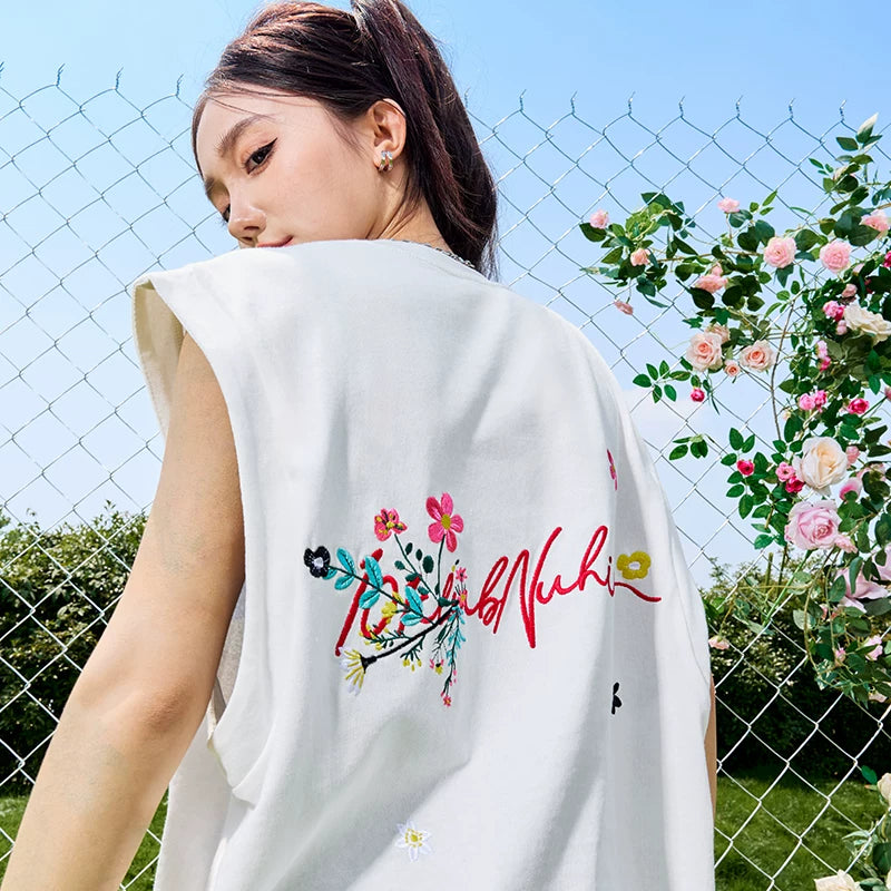 Nuthink Trendy Brand Heavy Flower Letter Embroidered Tank Top American Retro Sleeveless Men and Women's 2026 Summer New Product