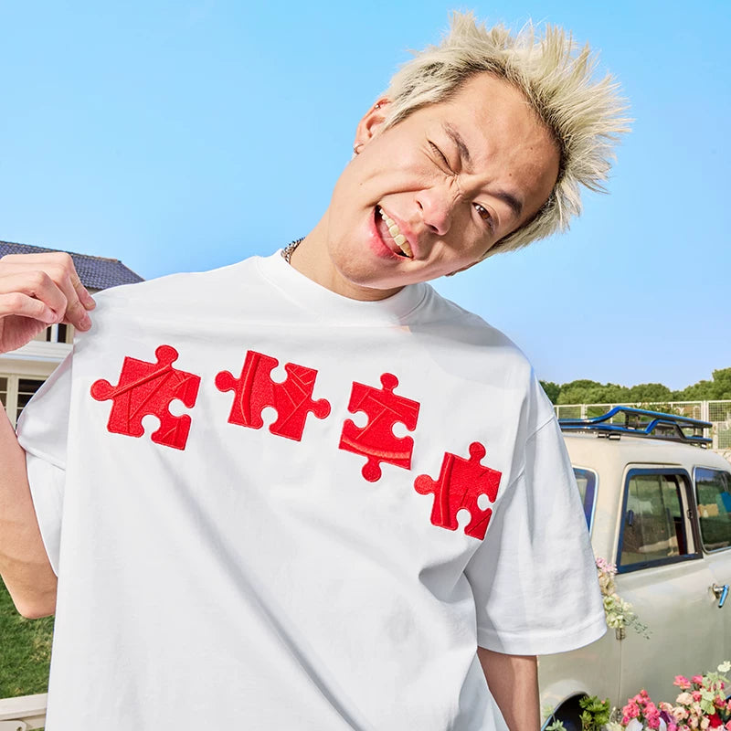 Nuthink dopamine puzzle embroidered short sleeved hip-hop rose red T-shirt heavyweight half sleeve men's and women's new 2026 spring