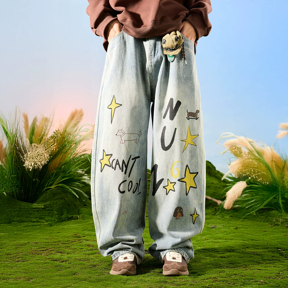 Nuthink American retro washed distressed puppy wide leg jeans with drape and plush pants for men in spring 2026
