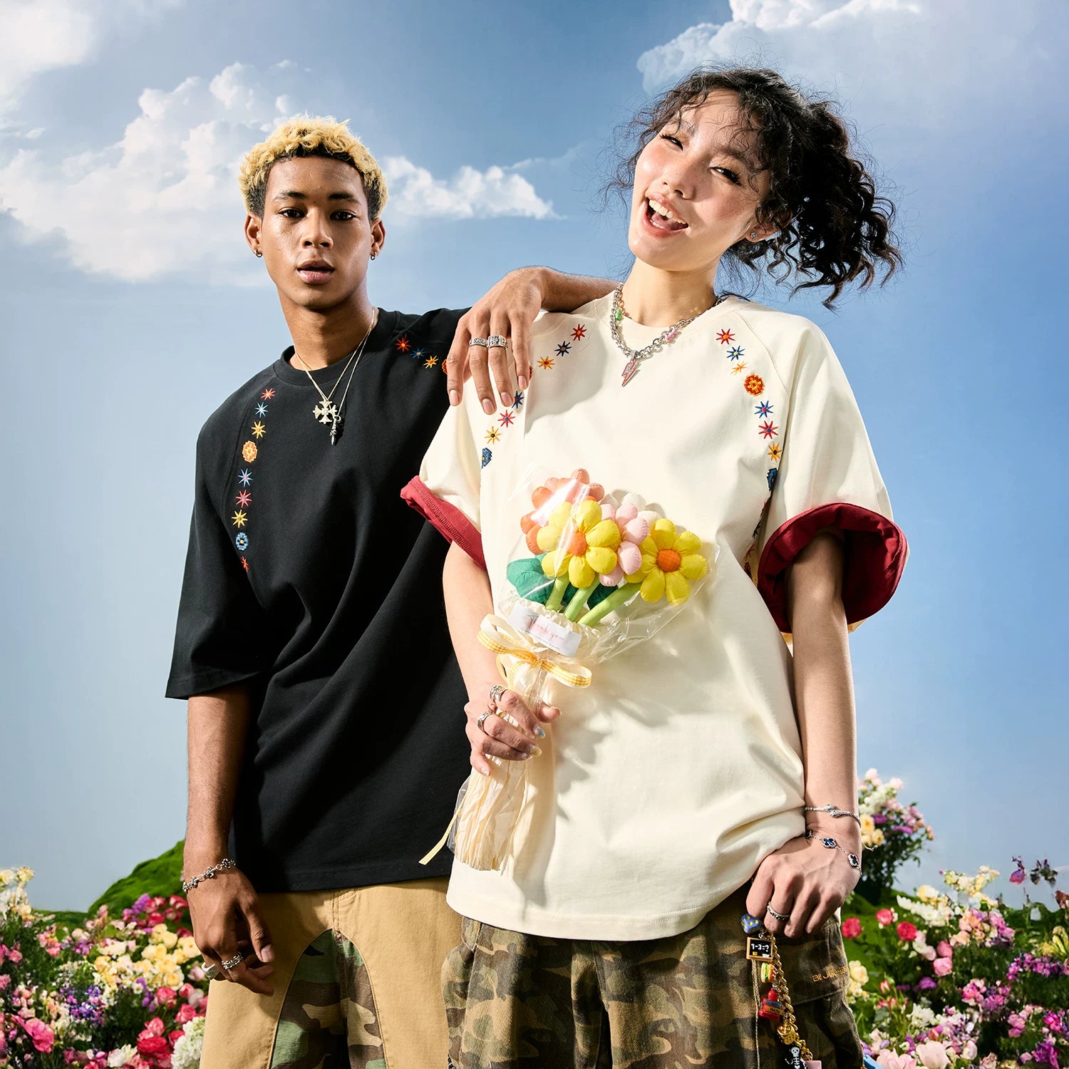 Nuthink American retro color floral embroidery T-shirt men's short sleeved T-shirt men's and women's 2026 summer new item