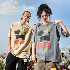 Nuthink American Trendy Brand Washed Graffiti Pearl Star Puppy Short sleeved T-shirt for Men and Women 2026 New Summer