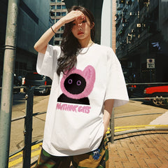 Nuthink China-Chic Loose Couple Cute Cartoon Cat T-shirt Short Sleeve Same for Men and Women Summer 2026