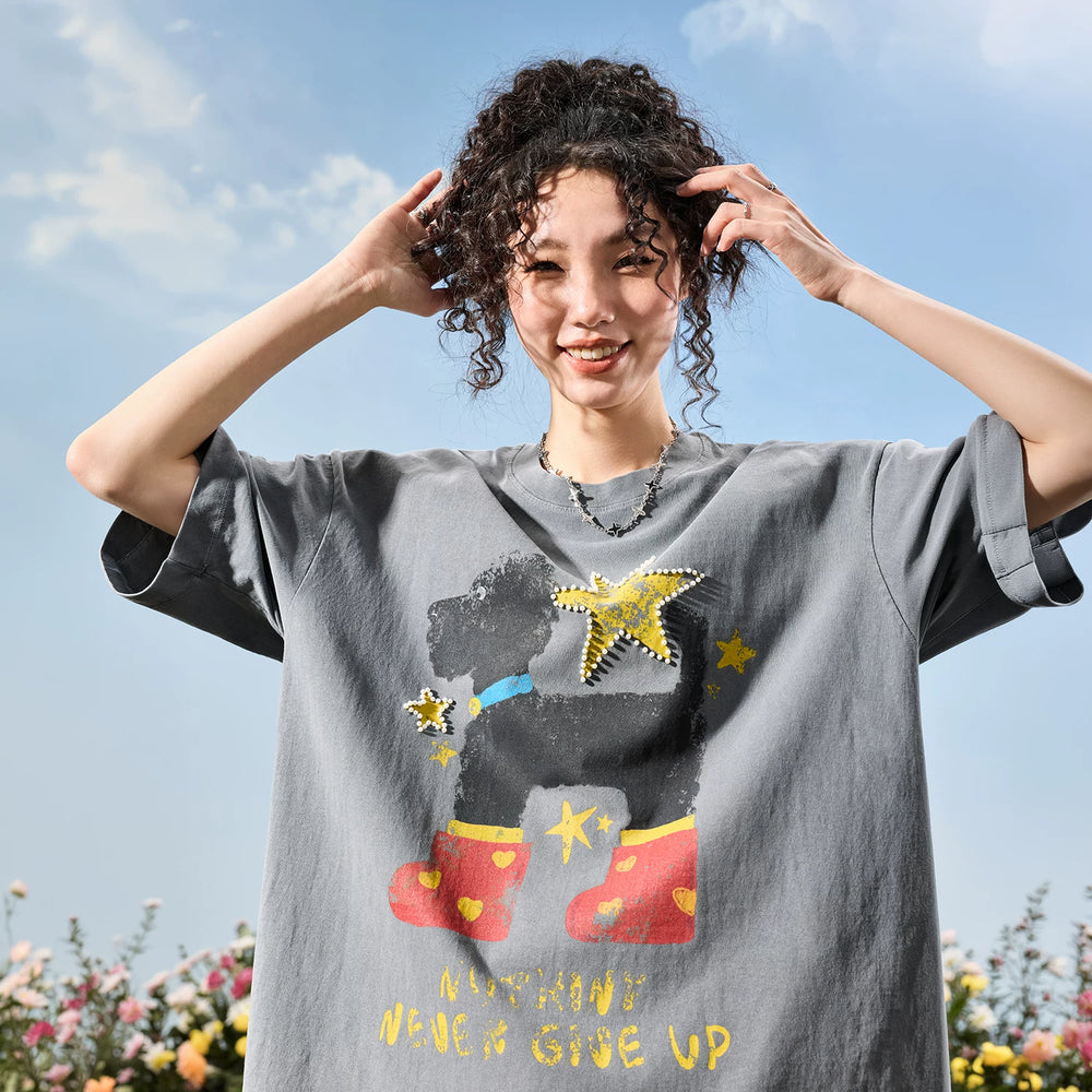 Nuthink American Trendy Brand Washed Graffiti Pearl Star Puppy Short sleeved T-shirt for Men and Women 2026 New Summer