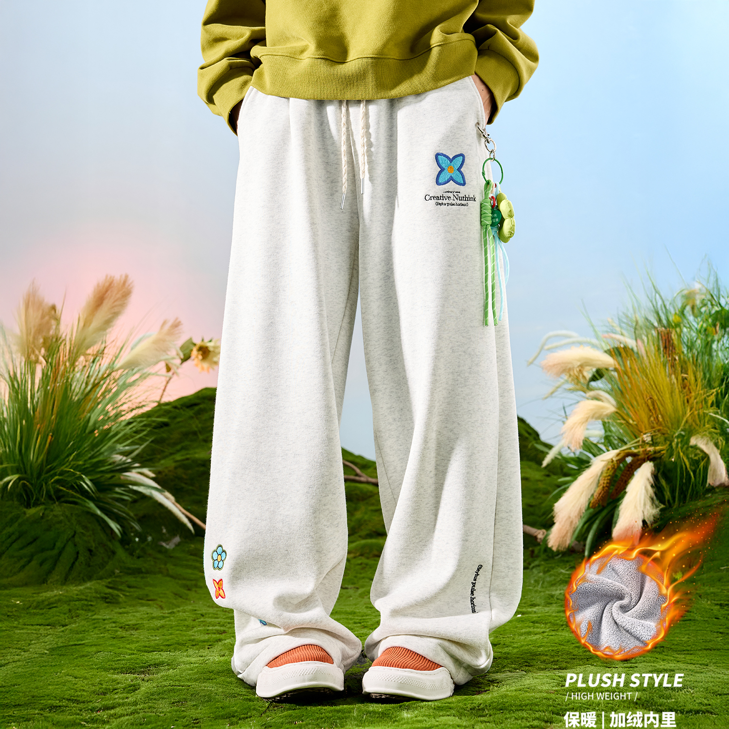 Nuthink American Embroidered Pants with Wide Legs and Velvet, Street Loose Men's Style, Spring 2026