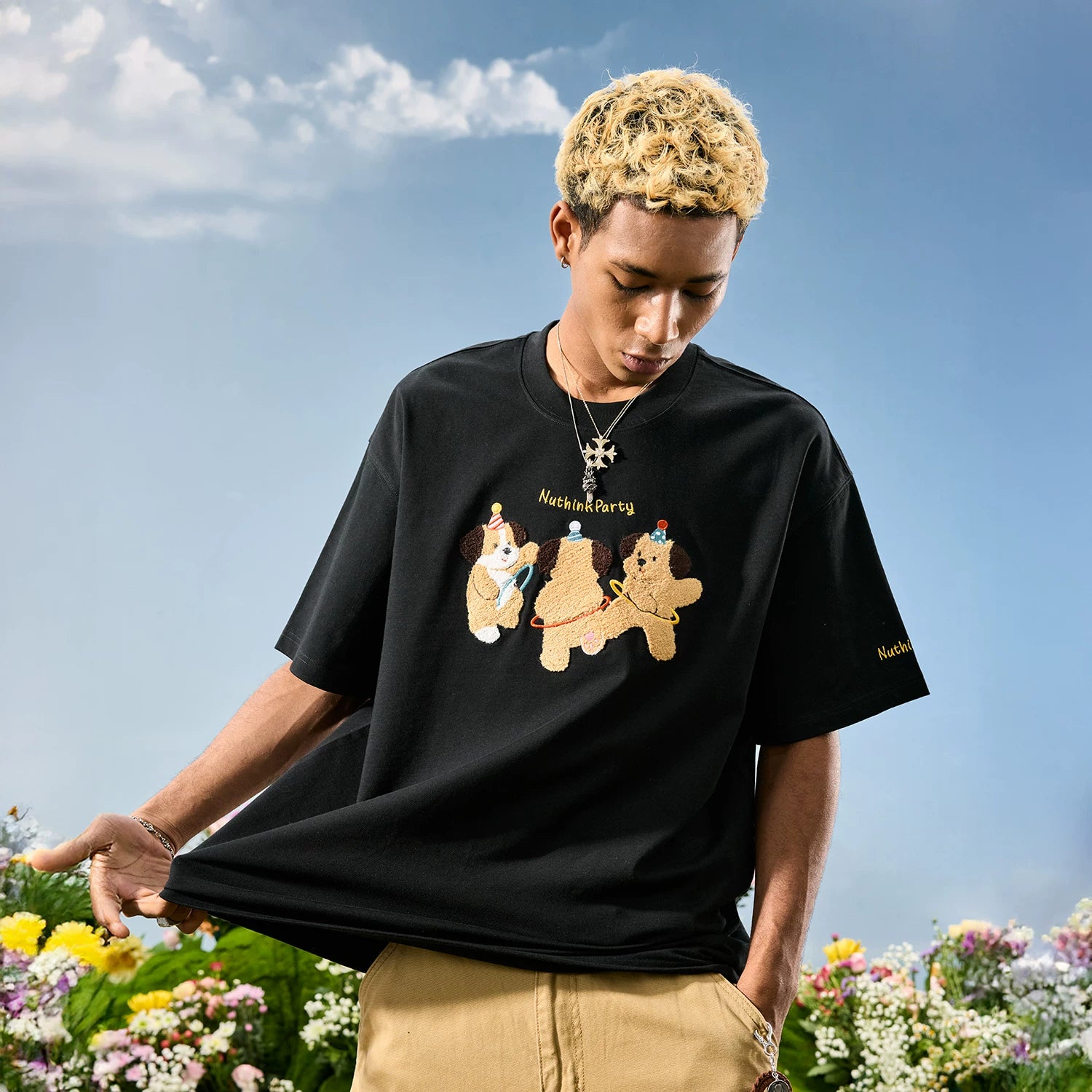 Nuthink American fashion brand embroidered puppy T-shirt short sleeved unisex couple cartoon 2026 summer new item