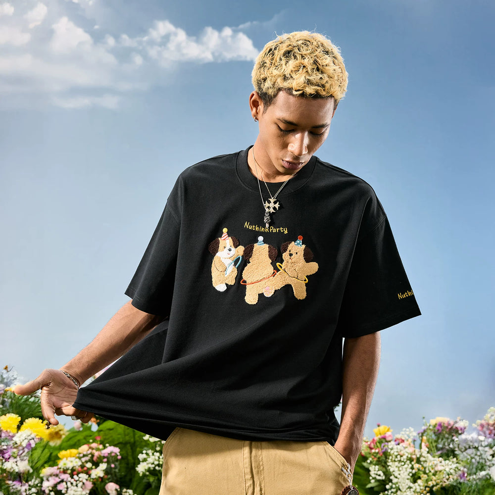 Nuthink American fashion brand embroidered puppy T-shirt short sleeved unisex couple cartoon 2026 summer new item