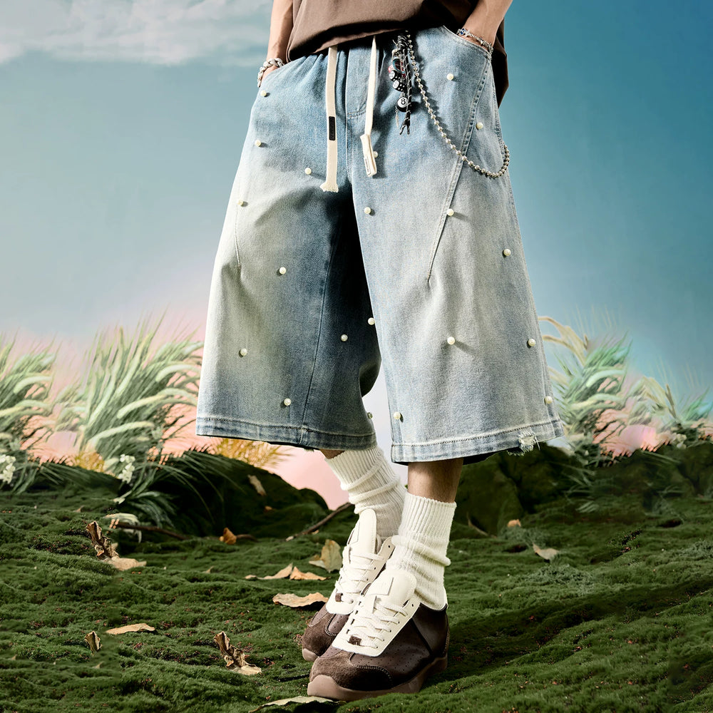 Nuthink denim shorts American retro pearl washed distressed loose elastic cropped pants 2025 summer new