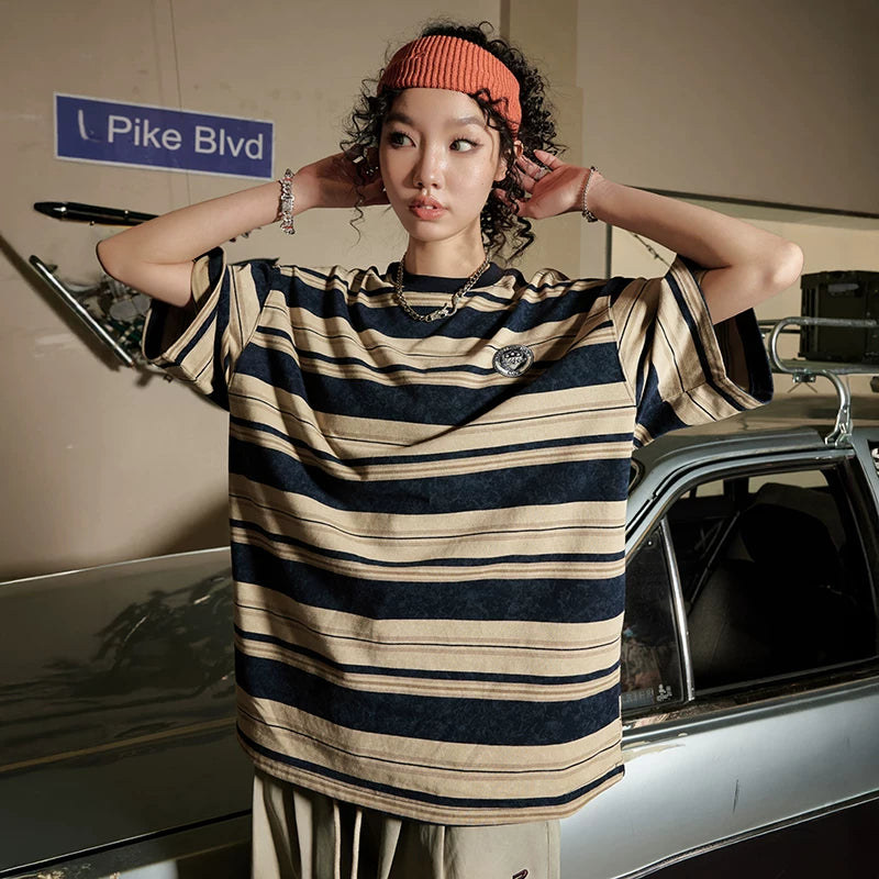 Nuthink American retro striped short sleeved T-shirt, couple's trendy half sleeved T-shirt, 2026 summer new item