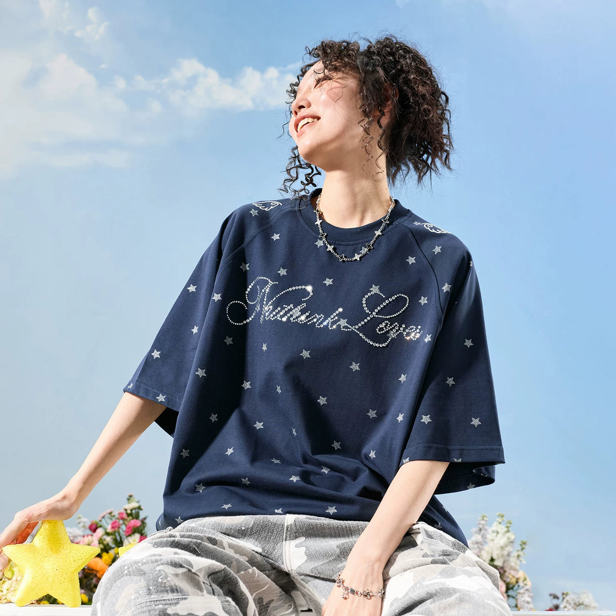 Nuthink American Trendy Brand Hot Diamond Letter Pentagram Short sleeved T-shirt Solona Cool Men and Women 2026 New Summer