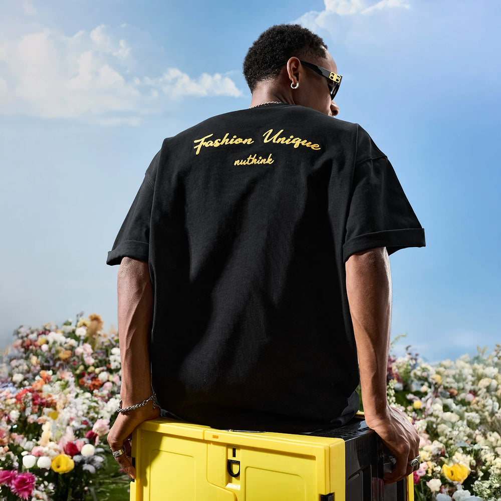 Nuthink American retro trendy brand contrasting letters embroidery short sleeved men's T-shirt yellow women's 2026 summer new item