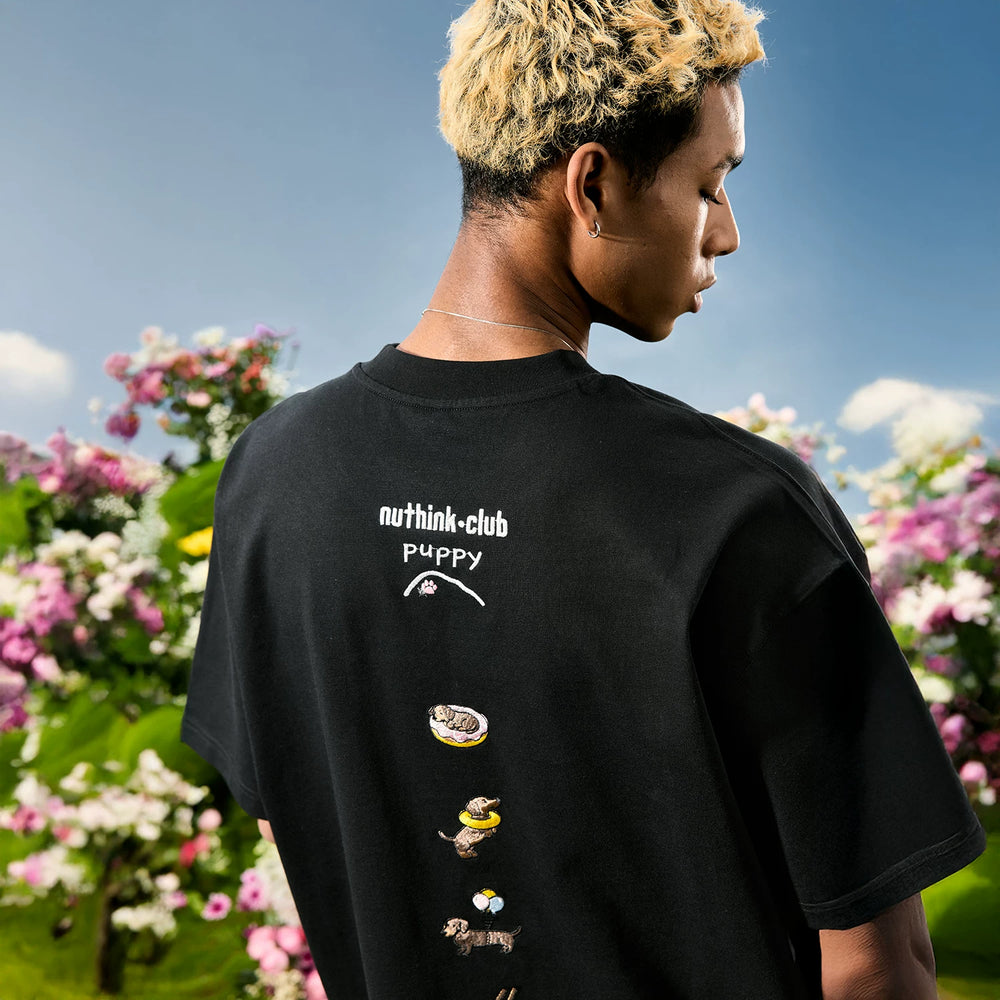 Nuthink American Embroidery Sausage Dog Dog T-shirt Men's Short Sleeve Women's Couple Letter 2026 Summer New Edition