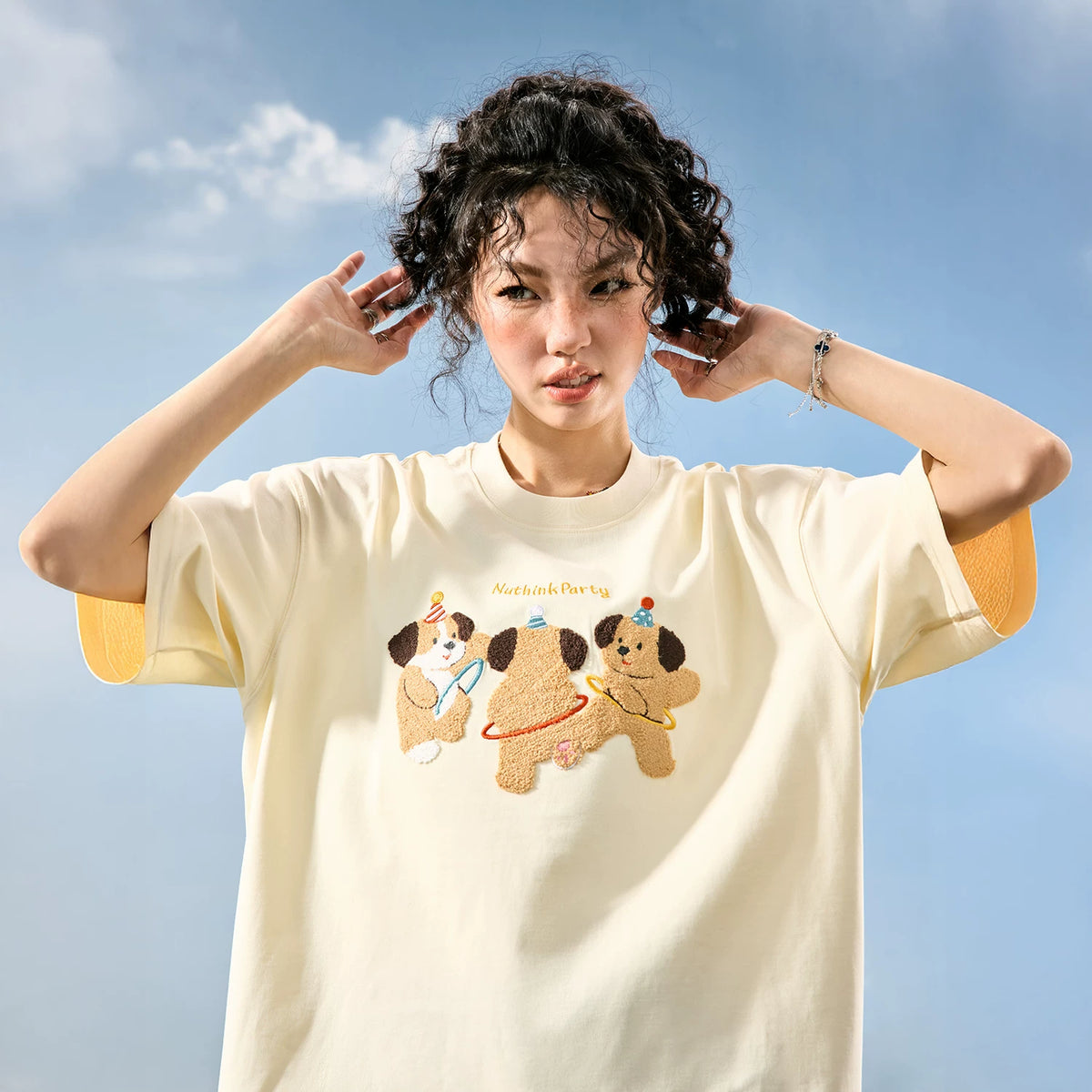 Nuthink American fashion brand embroidered puppy T-shirt short sleeved unisex couple cartoon 2026 summer new item