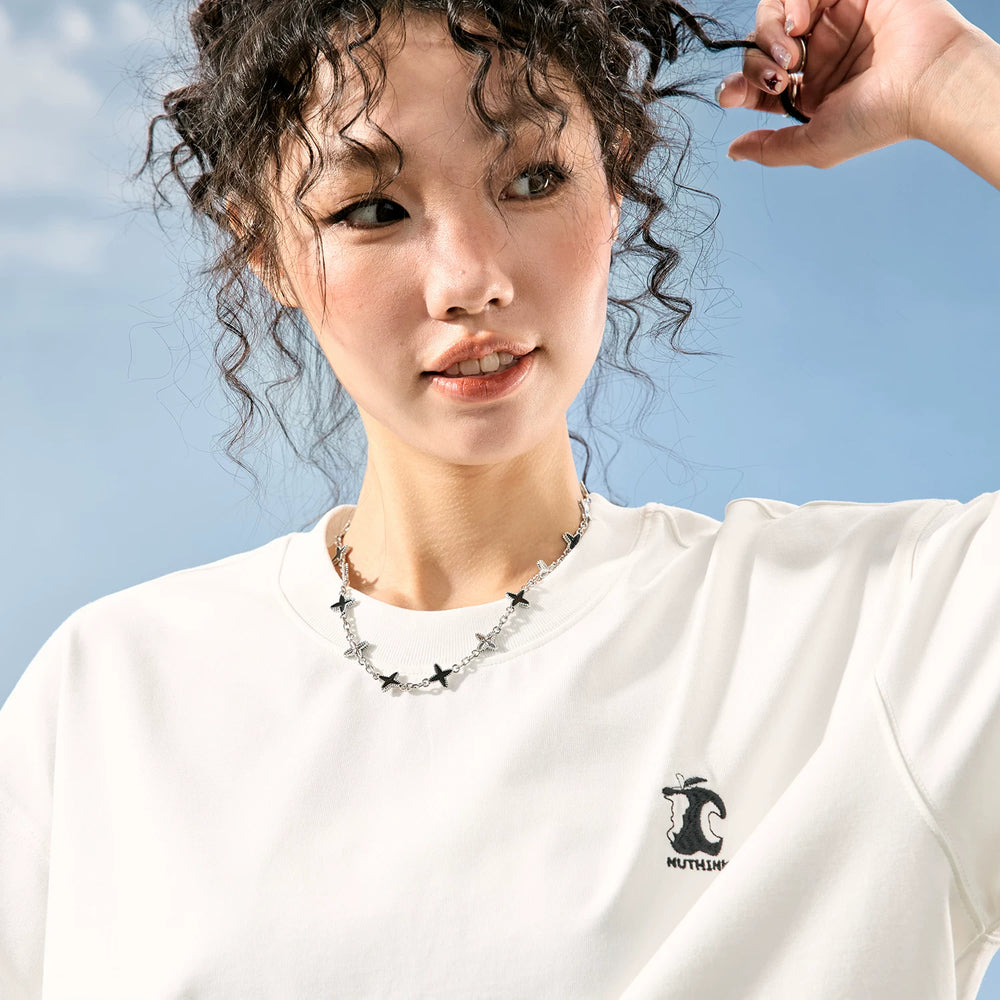 Nuthink American retro simple apple embroidery T-shirt men's short sleeved loose fit men and women 2026 summer new item