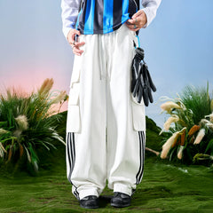 Nuthink American retro sports casual pants with wide legs and multiple pockets, spliced pants with three stripes for men, spring 2026