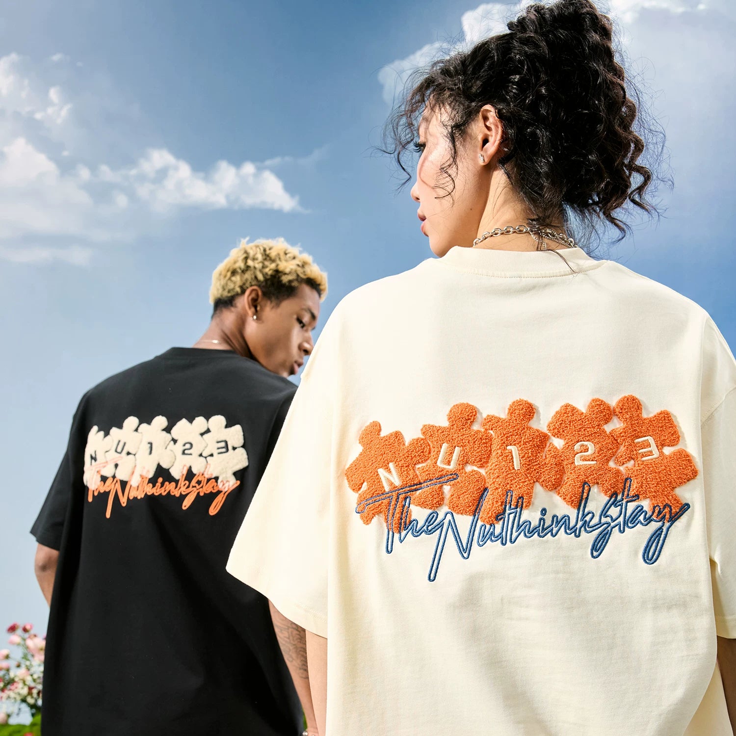 Nuthink American retro embroidered puzzle T-shirt men's short sleeved trendy brand contrasting dopamine women's 2026 summer new item