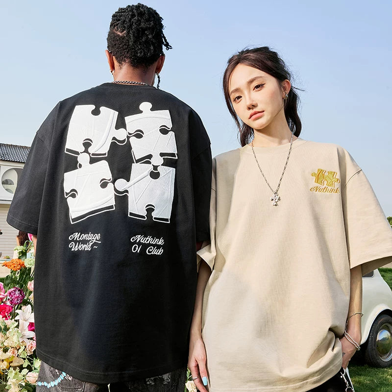 Nuthink American Retro Heavy Embroidered Short Sleeve T-shirt Puzzle Hip Hop Trendy Brand Loose Men and Women Summer 2026