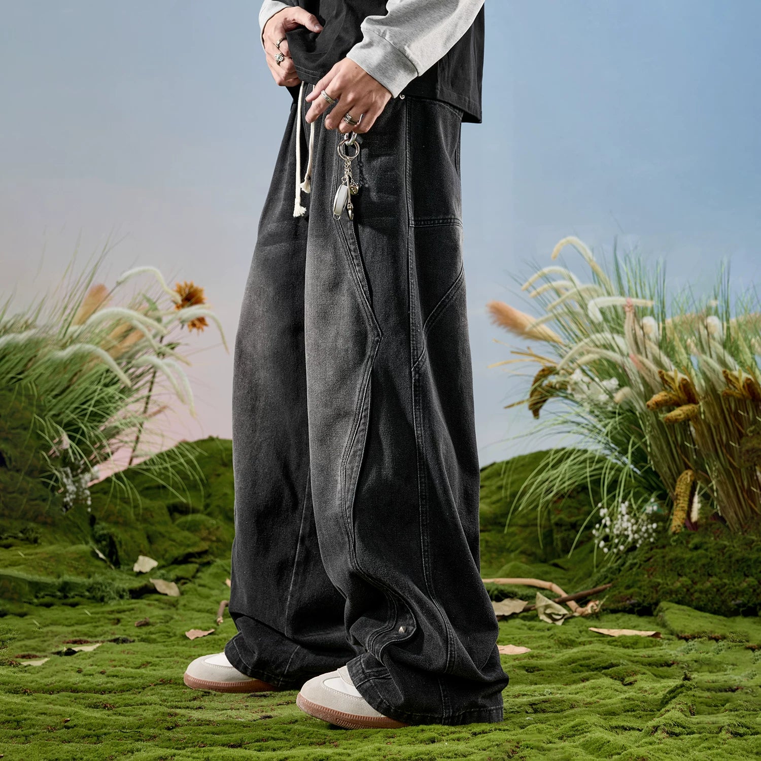 Nuthink American Retro Splicing Wide Leg Jeans, Washed and Used Crooked Pants, Men's Long Pants, Spring 2026
