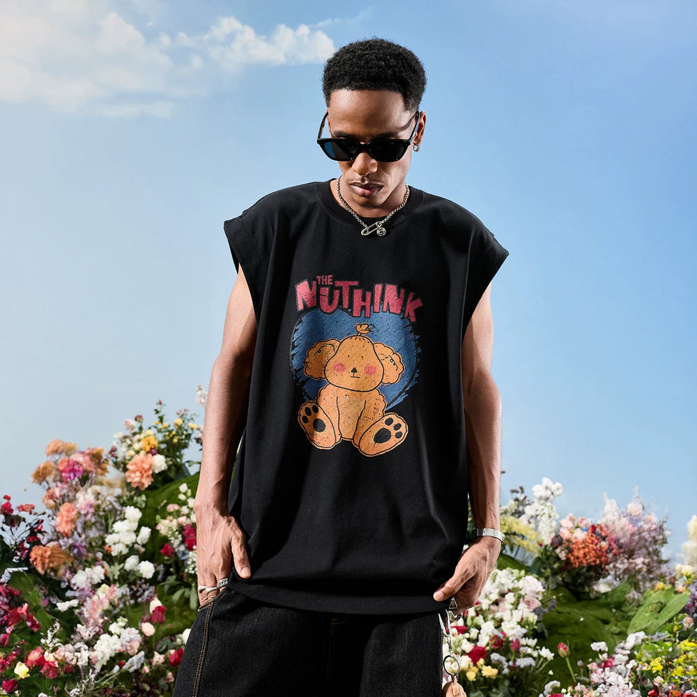 Nuthink American retro hand-painted cartoon letter shoulder sleeveless vest loose men and women 2026 new summer